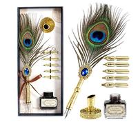 Joyeee Kit di penne a piuma di pavone, con inchiostro per penna a immersione, portapenne, pennini sostituibili, penne calligrafiche vintage, forniture per ufficio per compleanno, matrimonio, regalo di