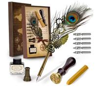 Joyeee, set di penna con piuma di pavone e inchiostro, con stilo verde elegante in stile vintage antico, inchiostro nero, pennini per calligrafia, kit di sigillo in cera e timbro, confezione regalo