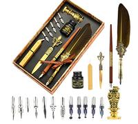 Joyeee Set di penne con penna a piuma reale e inchiostro, include kit di timbri per ceralacca, penne per calligrafia in legno, 17 pennini di ricambio, bastoncini di cera, giallo scuro