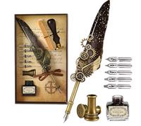 Joyeee Set di penne con piuma grigia, con inchiostro per penna a immersione, base del pennino, punte di ricambio in acciaio inox, kit di timbri per ceralacca, per pratica calligrafica, disegno e firme