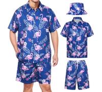 Joyesplay Camicia hawaiana da uomo, 3 pezzi, costume hawaiano da uomo con camicia con fenicottero, pantaloncini, cappello da pescatore, camicie hawaiane per estate, spiaggia, feste, L