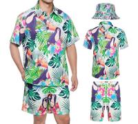Joyesplay Camicia hawaiana da uomo, 3 pezzi, vestito, con fenicottero, per l'estate e la spiaggia, per feste in piscina