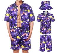 Joyesplay Camicia hawaiana da uomo, 3 pezzi, vestito hawaiano, da uomo, con camicia a fenicottero, per l'estate, Lilla, XL