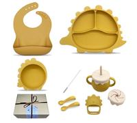 Joyeuse Planet - Cofanetto per pasti per bambini in silicone con ventosa antiscivolo - Anello per dentizione in omaggio - 8 pezzi - Confezione regalo nascita - Confezione da stoviglie - Piatto in