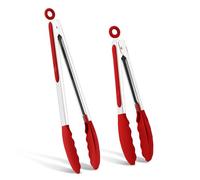 Joyfair - Set di 2 pinze da cucina in acciaio inox, 34 cm e 26 cm, pinza per pasta con punte in silicone antiscivolo e manico, resistente al calore, per barbecue, cottura e cottura - rosso
