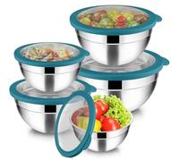 Joyfair Set di 5 ciotole in acciaio inox con coperchio ermetico trasparente, 4,5 l, 2,7 l, 1,5 l, 1,2 l, 0,7 l, impilabili, per servire/cucinare/cuocere, lavabile in lavastoviglie, colore: blu