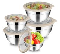Joyfair Set di 5 ciotole in acciaio inox con coperchio ermetico trasparente, 4,5 l, 2,7 l, 1,5 l, 1,2 l, 0,7 l, impilabile per servire/cucinare/cuocere, lavabile in lavastoviglie - kaki