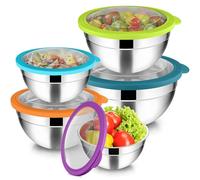 Joyfair Set di 5 ciotole in acciaio inox con coperchio ermetico trasparente, 4,5 l, 2,7 l, 1,5 l, 1,2 l, 0,7 l, impilabili, per servire/cucinare/cuocere, lavabile in lavastoviglie, multicolore