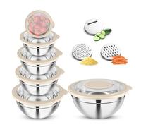Joyfair Set di 6 ciotole in acciaio inox con coperchio trasparente e 3 grattugie, 4,5 l, 2,7 l, 2 l, 1,5 l, 1,2 l, 0,7 l, ciotola per insalata per cucinare, impilabile e lavabile in lavastoviglie