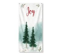 Joyful Copertura invernale per porta, striscione decorativo, alberi di pino sempreverde e foglie di agrifoglio, decorazione per le vacanze, sfondo natalizio per interni ed esterni, 91 x 183 cm