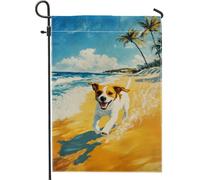 Joyful Dog Running on the Beach Garden Flag, vibrante decorazione costiera per la decorazione estiva all'aperto del prato, bandiera in tessuto su entrambi i lati, perfetta per gli amanti degli animali