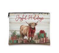 Joyful Holidays - Trousse da viaggio per cosmetici, da donna, in tela, portatile, con cerniera, per vacanze invernali, Marrone, 7x9 Inch, Mucca delle Highland