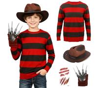 JoyFuncos Costume da Freddy Krueger per bambini, maglione a righe rosse e verdi, guanto, cappello, accessori per Halloween, cosplay, per ragazzi e ragazze