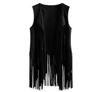 Joygoodta Black Fringe Vest, Vintage Western Plus Size Fringe Vest, 70s Style Classic Suede Leather Sleeveless Cardigan for Celebrations, Theme Party Cardigan