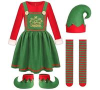 Joygoodta Set Costume da Elfo di Natale per Ragazza Il Costume da Elfo Include Abito, Scarpe, Cappello e Calze per Il Vestito della Festa di Natale, 120