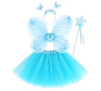 Joygoodta Set Costumi Farfalla da 4 Pezzi, Set di Abiti da Fatina Carini per Ragazze da 3 a 10 Anni Gonna in Tulle/Bacchetta/Fascia per Capelli/Ala per Giochi di Ruolo Vacanze di Compleanno, Blu