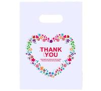 Joyhey 100 sacchetti di plastica per merchandising, 19,8 x 24,9 cm, sacchetti per la spesa, sacchetti regalo con manici fustellati, colore bianco con scritta Thank You