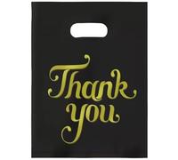 Joyhey 100 sacchetti di plastica per merchandising, 34,8 x 45 cm, con manici fustellati, colore oro con scritta "Thank You"