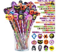 JOYIN 108 matite di Halloween con gomme set di cancelleria, 108 matite colorate in 6 design, 108 gomme giganti in 12 stili per scherzetto o scherzetto, forniture per bomboniere per feste di Halloween