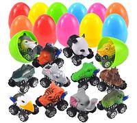 JOYIN 12 pezzi di gigante uova plastica di Pasqua colorate preriempite con giocattoli pull-back auto da costruzione a tema animale bomboniere per bambini