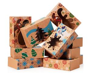 JOYIN 12 scatole in carta kraft laminata per biscotti natalizi con finestra, 21,6 x 14,6 x 7 cm, scatole per dolcetti con 3 disegni per dolci, cupcake, brownies, regali, ciambelle e biscotti, scatole