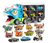 JOYIN 13 Pcs Triceratopo Dinosaur Toy Car Transporter for Kids, con 12 veicoli dinosauro retrattili, 1 camion trasporto dinosauri giocattolo con musica, suoni, luci, 1 elicottero