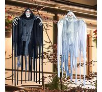 JOYIN 2 pezzi di Triste Mietitore appeso da 60 cm con occhi rossi Suoni inquietanti e movimento tremante Scheletro Fantasma per Halloween Decorazione Puntelli interni ed esterni