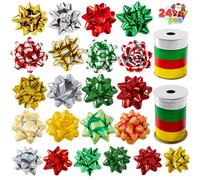 JOYIN 24 fiocchi natalizi e nastri regalo, 48 fiocchi autoadesivi multicolori in diverse dimensioni e 8 rotoli di nastri arricciati
