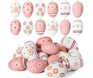 JOYIN 24 Pezzi Uova Pasquali in Plastica da Appendere con Nastro, 2,36'' Uova Pasquali in Legno Stampato Marrone e Bianco per Decorazioni Pasquali Casa, Decorazioni Primaverili, Ornamenti Cesto Albero