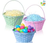 JOYIN 3 pezzi cestini pasquali in bambù, rotondi intrecciati, con manico, cestini vuoti per caramelle, giocattoli, regali per caccia alle uova di Pasqua, feste per bambini, picnic, bomboniere