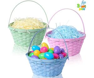 JOYIN 3 pezzi cestini pasquali in bambù, rotondi intrecciati, con manico, cestini vuoti per caramelle, giocattoli, regali per caccia alle uova di Pasqua, feste per bambini, picnic, bomboniere