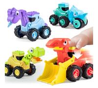 JOYIN 4 Pezzi Veicoli da Costruzione, Sabbia, Escavatori, Dinosauri, Auto con Funzione Pull-back, Macchinine per Camion per Bambini