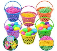 JOYIN 6 pezzi Cestini di Uova di Pasqua con Manico e 55 g di Erba di Pasqua Tricolors per Bomboniere di Giardino a Tema Pasquale, Caccia Alle Uova di Pasqua, Chicche Pasquali (8")