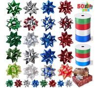 JOYIN Assortimento di 48 fiocchi da regalo con 8 rotoli di nastro da imballaggio, fiocchi natalizi autoadesivi multicolore e nastri arricciati per confezioni regalo, compleanni, matrimoni, decorazioni