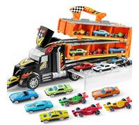 JOYIN Camion Trasportatore Macchinine Giocattolo per Bambini, 12 Veicoli Giocattolo in Metallo Pressofuso, Giocattolo da Corsa su Strada Pieghevole con luci e Suoni, Regalo per 3 Anni in su