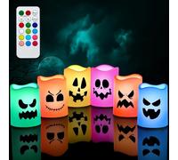 JOYIN Candele Senza Fiamma di Halloween con Telecomando Confezione da 6 Candele LED Che cambiano Colore Luci di Halloween Lampada Decorazione per Interni Candele a Batteria Fantasma Faccia Festa