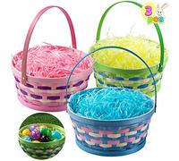 JOYIN Cestino di Pasqua in bambù intrecciato, 3 pezzi, con scarti di carta d'erba tricolore, con manico per picnic, bomboniere, decorazioni