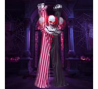 JOYIN Decorazione animatronica da appendere a forma di clown di Halloween, con catena, 165 cm, spaventoso clown con movimento, luce e suono (attivato dal suono), decorazione animata per cortile