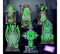 JOYIN Decorazioni per Halloween da 39,9 cm, pietre tombali fluorescenti per esterni, 7 pezzi che si illuminano al buio con luce nera, pietra tombale con 12 pali in metallo, lapide per cimitero esterno
