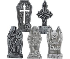 JOYIN Decorazioni per Halloween da 43,2 cm, confezione da 5 lapidi in schiuma per cimitero di Halloween, con 10 paletti in metallo, per Halloween, cimitero, cortile, prato, forniture per feste