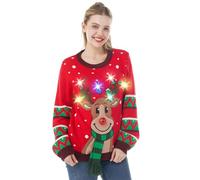 JOYIN Maglione Natalizio da Donna con luci a LED, con Renna, Brutto Maglione con lampadine, Renna Rossa., L