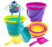 JOYIN Set di secchi da Spiaggia Pieghevoli - Confezione da 3 secchielli da Spiaggia Pieghevoli con Pala e Zaino in Rete per Bambini, Feste, Campeggio, Viaggi, Pesca (Rosa/Viola/Verde)