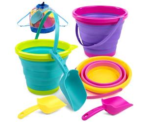 JOYIN Set di secchi da Spiaggia Pieghevoli - Confezione da 3 secchielli da Spiaggia Pieghevoli con Pala e Zaino in Rete per Bambini, Feste, Campeggio, Viaggi, Pesca (Rosa/Viola/Verde)