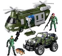 JOYIN Veicoli Militari Giocattolo Set di Elicottero da Trasporto Alimentato a Frizione e Camion Militare con Luce e Suono Sirena e Soldati Uomini dell'Esercito Action Figures per Bambini