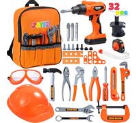 JOYIN32 Pezzi Gioco D'imitazione Kit Strumenti da Costruzione，Attrezzi per Bambini con Trapano Elettrico,Casco da Costruzione