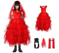Joyincoser Lydia Deetz Costume da donna gotico da sposa per adulti, rosso, taglie forti, abito da sposa, velo, parrucca, guanti, per Halloween, feste di compleanno, cosplay (XL)