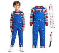 JoyinTcos Chucky Costume per bambini con coltello finto puntello | 5 pezzi, stile bretella blu, tatuaggi adesivi, design bambola horror, festa di Halloween, eventi cosplay, ragazzi, griglie