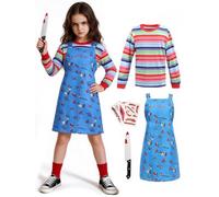 JoyinTcos Chucky Costume per bambini con coltello finto puntello | 5 pezzi, stile bretella blu, tatuaggi adesivi, design bambola horror, festa di Halloween, eventi cosplay, ragazzi, griglie