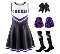 JoyinTcos Costume da cheerleader per bambini, 4 pezzi, con pompon e calzini, copricapo per feste di carnevale e Halloween