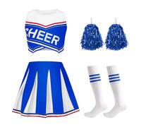 JoyinTcos Costume da cheerleader per bambini, 4 pezzi, vestito da cheerleader con pompon e calzini, copricapo per carnevale e Halloween